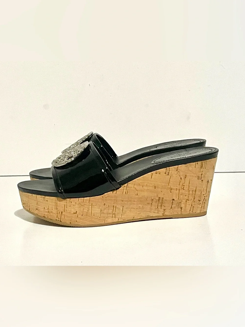 Coach Patent Leather Judith Wedge Cork Heel Sandal 6.5 B Black platform